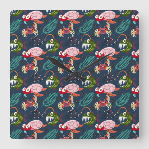 Horloge Carrée Motif d'animaux aquatiques   vie sous-marine en me