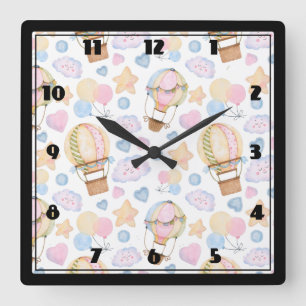 Horloge Carrée Motif d'aquarelle Whimsical Balloon à air chaud