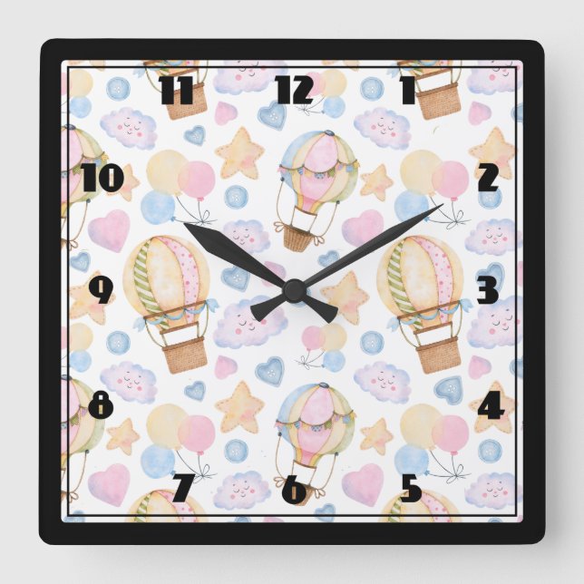 Horloge Carrée Motif d'aquarelle Whimsical Balloon à air chaud (Recto)