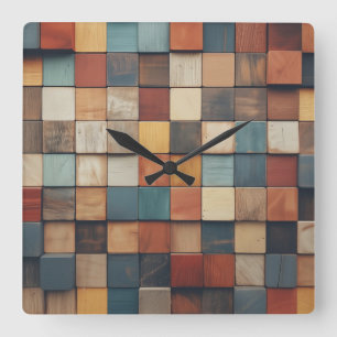Horloge Carrée Motif de blocs en bois colorés rustiques