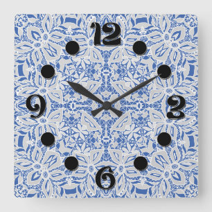 Horloge Carrée Motif de dentelle ajourée grise et bleue vintage