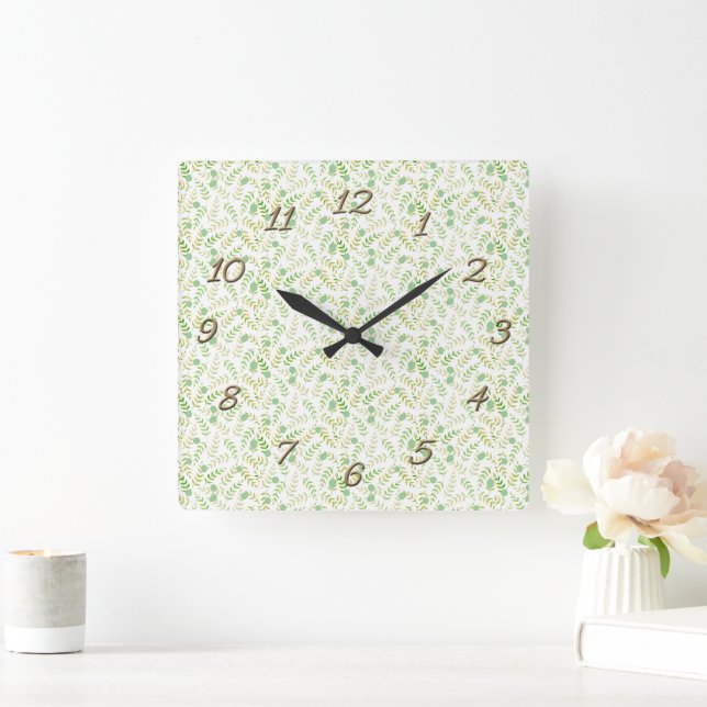 Horloge Carrée Motif de feuille de fern multi-vert (Maison)