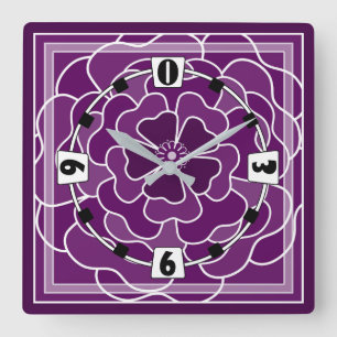 Horloge Carrée Motif de fleurs abstraites violet foncé