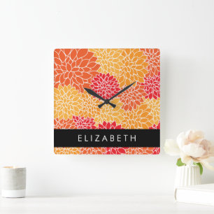 Horloge Carrée Motif De Fleurs, Orange Dahlia, Votre Nom
