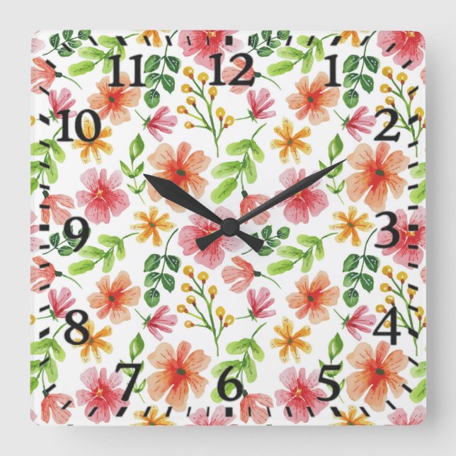 Horloge Carrée Motif de fleurs roses à l'aquarelle (Recto)