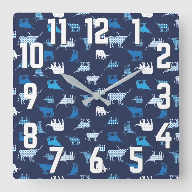 Horloge Carrée Motif de Longhorns à motif bleu (Recto)