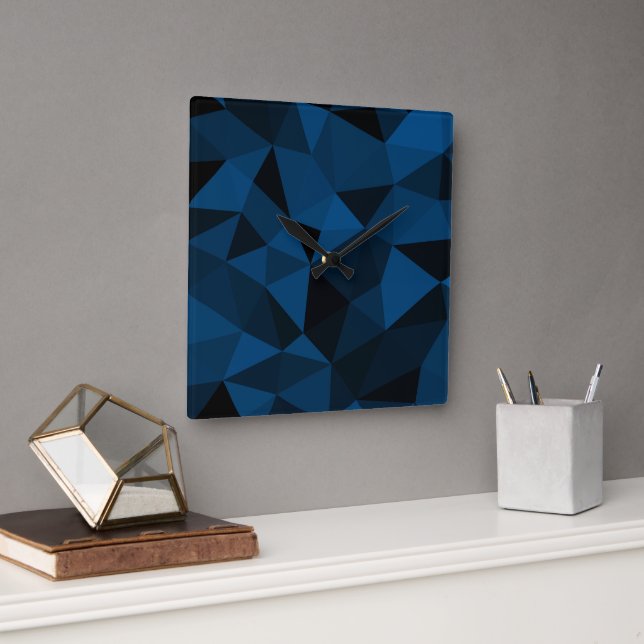 Horloge Carrée Motif de maillage géométrique bleu foncé et noir (Bureau)