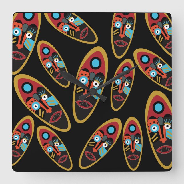 Horloge Carrée motif de masques modernes abstraits (Recto)