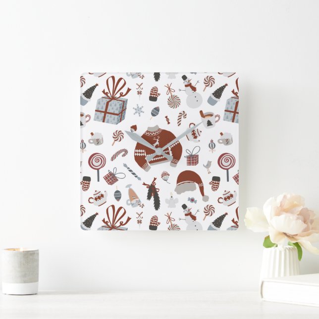 Horloge Carrée Motif de Noël rétro (Maison)