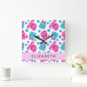 Horloge Carrée Motif de pieuvre, Pieuvre mignonne, Mer, Votre Nom