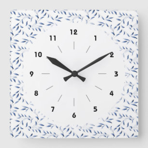 Horloge Carrée Motif de saule élégant bleu et blanc