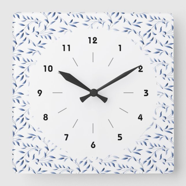 Horloge Carrée Motif de saule élégant bleu et blanc (Recto)