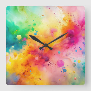 Horloge Carrée Motif de taches d'aquarelle abstraite vibrant