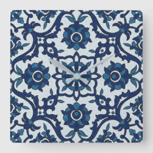 Horloge Carrée Motif de tuiles florales Azulejos bleu-portugais