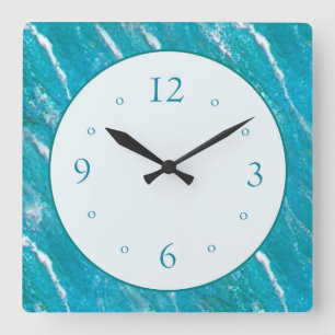 Horloge Carrée Motif de vague marine bleu vert avec face blanche 
