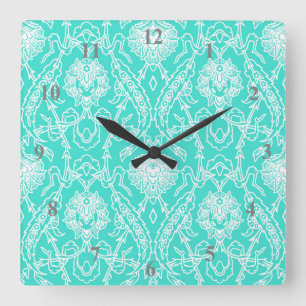 Horloge Carrée Motif décoratif de turquoise de luxe et de damass