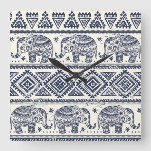 Horloge Carrée Motif d'éléphant ethnique bleu