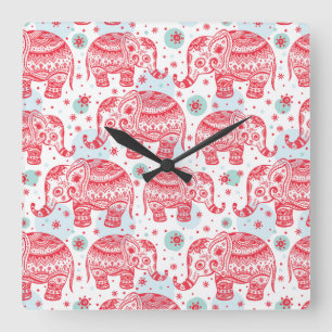 Horloge Carrée Motif d'éléphant ethnique rouge