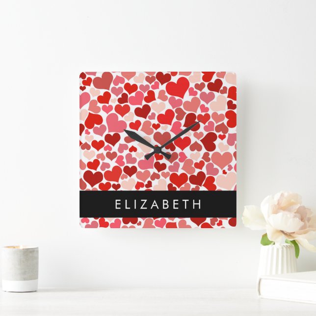 Horloge Carrée Motif Des Coeurs, Coeurs Rouges, Amour, Votre Nom (Maison)