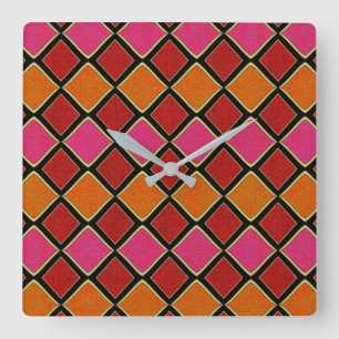 Horloge Carrée Motif diamant Harlequin vibrant en rouge, orange,