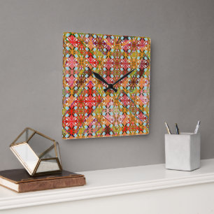 Horloge Carrée Motif diamant multi-couleurs artistique