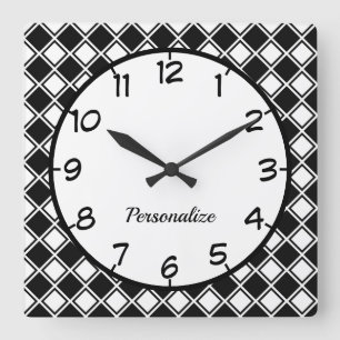 Horloge Carrée Motif diamant noir noir À damiers noir rétro
