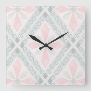 Horloge Carrée Motif diamant pastel vert et rose