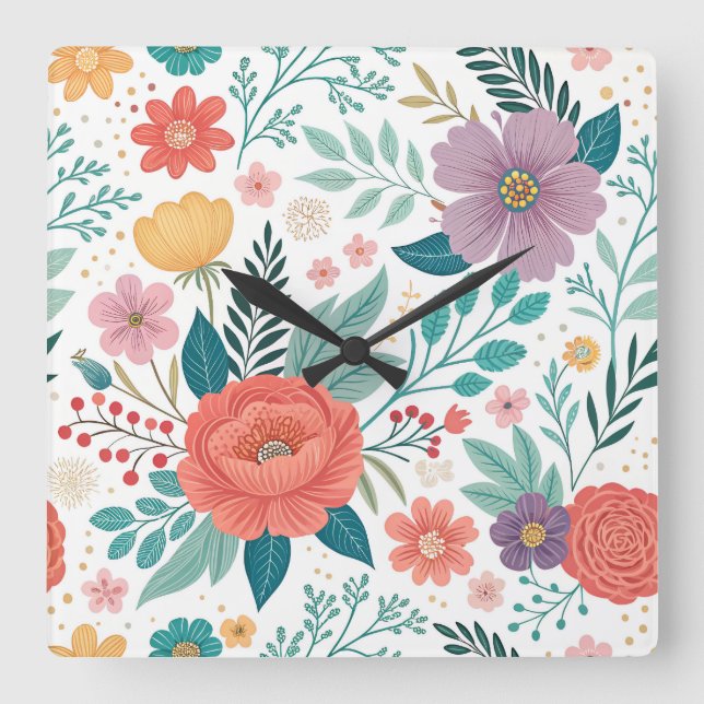 Horloge Carrée Motif d'impression floral dynamique (Recto)