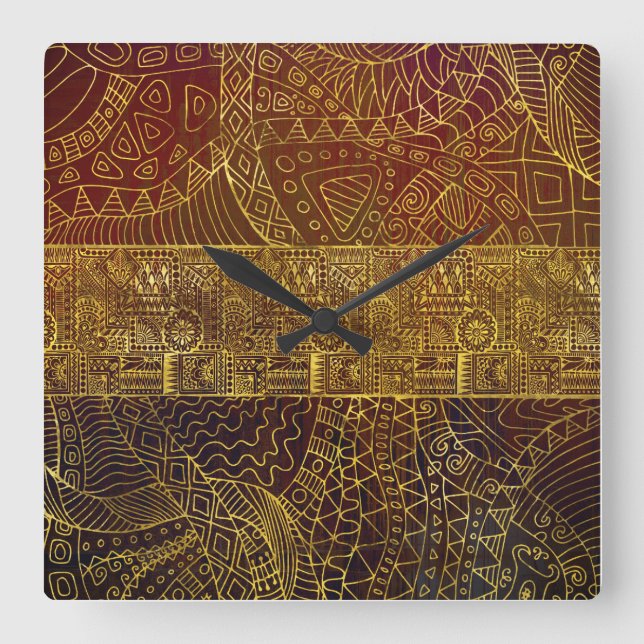 Horloge Carrée Motif d'or tribal sur peinture Brown (Recto)