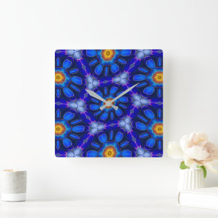 Horloge Carrée Motif Fleurs bleues Abstraites