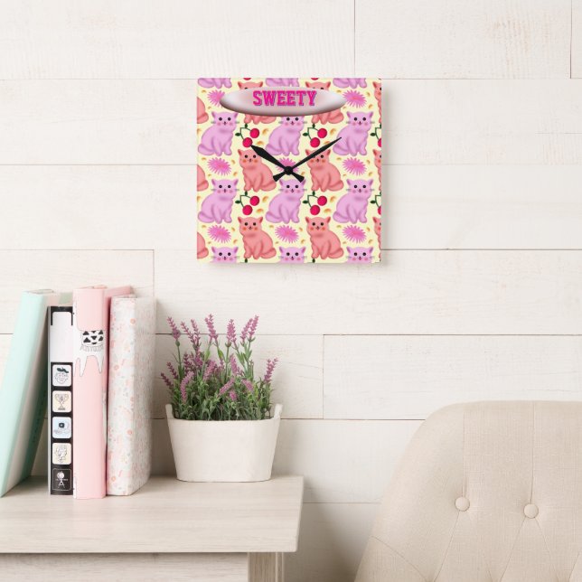 Horloge Carrée Motif Floral de Cerise de Chat Mignon Personnalisé (Salle de lecture)