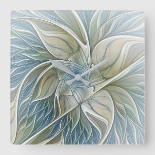 Horloge Carrée Motif floral de rêve abstrait bleu kaki fractal