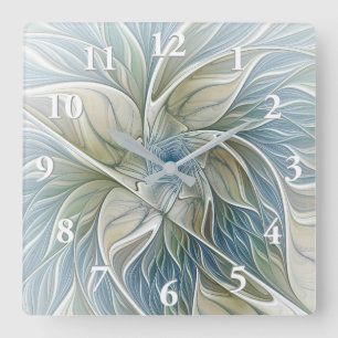Horloge Carrée Motif floral de rêve Abstrait Kaki bleu Fractale