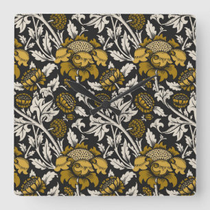 Horloge Carrée Motif floral orné avec de grandes fleurs dorées