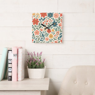 Horloge Carrée Motif floral peint à la main – Botanique colorée