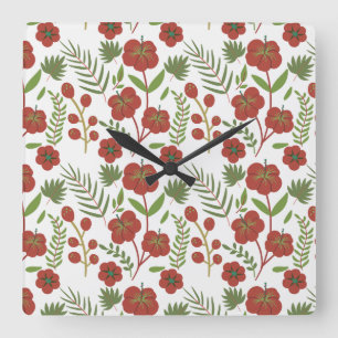 Horloge Carrée Motif floral rouge sans couture sur arrière - plan