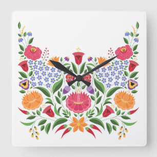 Horloge Carrée Motif folklorique hongrois - fleur de broderie Kal