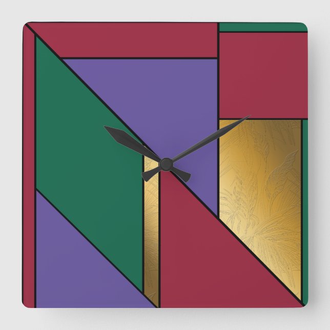 Horloge Carrée Motif géométrique Gold violet vert rouge (Recto)