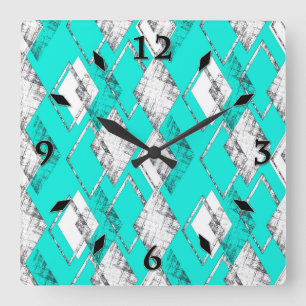 Horloge Carrée Motif géométrique néo-turquoise.