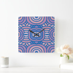 Horloge Carrée Motif géométrique rétro en bleu et rose