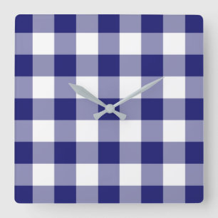 Horloge Carrée Motif Gingham à carreaux bleu minuit et blanc