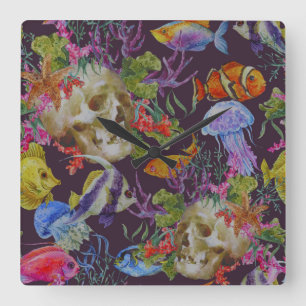 Horloge Carrée Motif grunge de vie marine