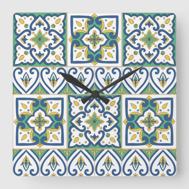 Horloge Carrée Motif italien en carreaux - céramique sicilienne (Recto)