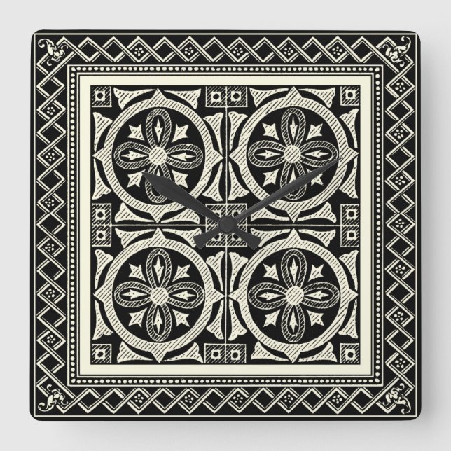 Horloge Carrée Motif Mandala noir et blanc par Vision Studio (Recto)