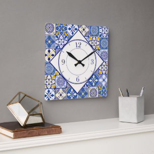 Horloge Carrée Motif marocain en bleu crème jaune Turquoise blanc