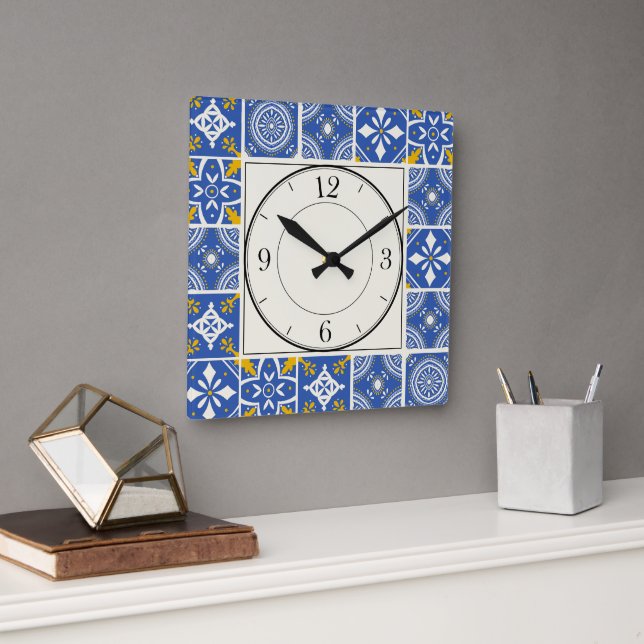 Horloge Carrée Motif marocain en Bleu Turquoise, Jaune, Crème (Bureau)
