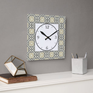 Horloge Carrée Motif marocain en or, noir et beige