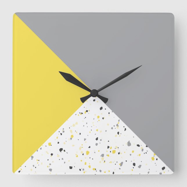 Horloge Carrée Motif moderne géométrique gris-jaune Terrazzo (Recto)