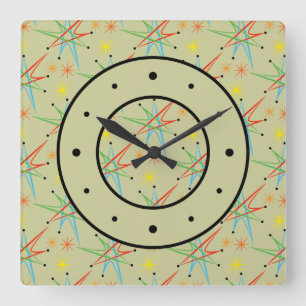 Horloge Carrée Motif multicolore rétro étoile atomique