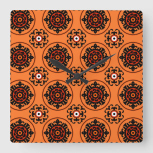 Horloge Carrée Motif Orange Suzani